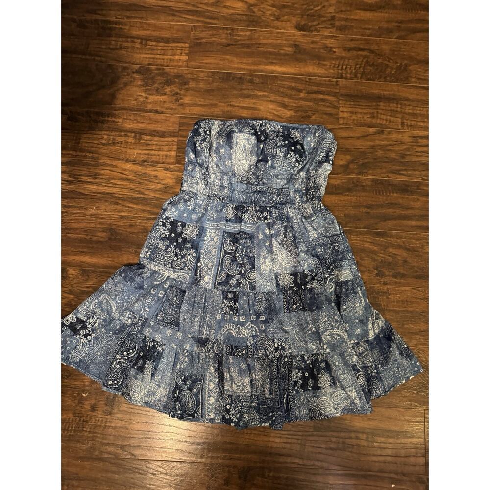 Hint Of Blush Artsy Abstract Print Strapless Blue Dress Sz:XL